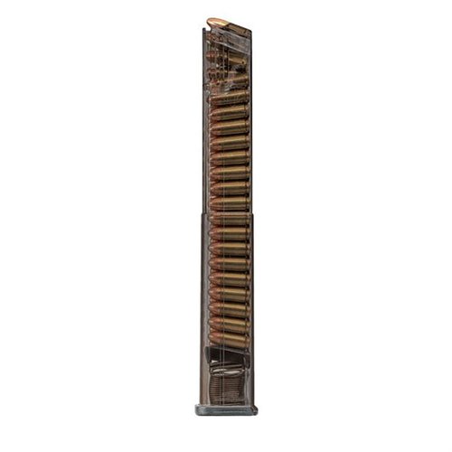 The SIG SAUER 320 40-RD magazine features extreme impact resistance, is chemically resistant, and has a translucent body for easy ammo visibility, ensuring durability.