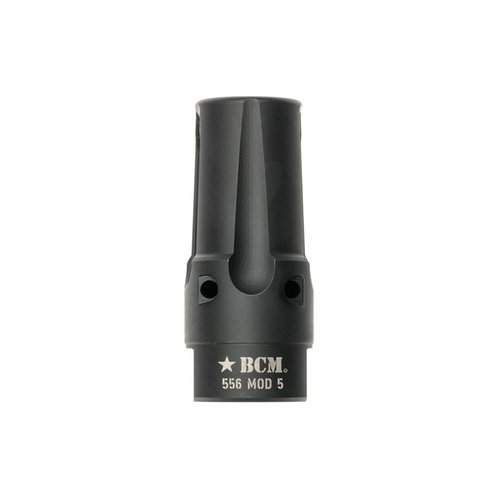The BCMGUNFIGHTER Compensator Mod 5 reduces muzzle rise, flash, and noise, featuring tuned ports, corrosion resistance, and a predrilled hole for easy installation.