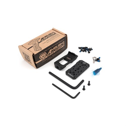 The STRIKE INDUSTRIES AMBUSH 45-DEGREE OPTIC MOUNT features a lightweight, high-strength design with SUS630 stainless steel and 6061-T6 aluminum compatibility for various red dots.