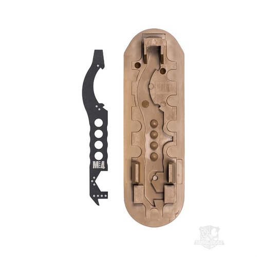 The MultiTasker M:4 Tool offers discreet storage in a buttpad, featuring a slot-tip screwdriver, carbon scraper, sight adjustment tool, and Phillips driver for AR-15/M4 maintenance.