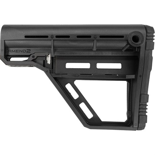 The Amend2 AMS Modular M-LOK Stock offers customizable options, high strength polymer, secure lockup, and a rubberized butt plate for comfort and stability.