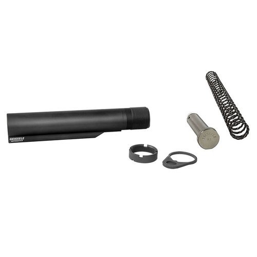 Upgrade your AR-15 with Geissele's Premium Mil-Spec Buffer Tube Assembly featuring a durable 7075-T6 Aluminum construction and Super 42 Spring for enhanced reliability.