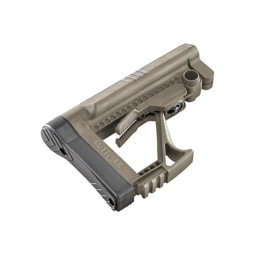 The Luth-AR MBA-5 Buttstock offers lightweight adjustability, a flared cheek rest for comfort, integrated Picatinny rail for accessories, and anti-rattle set screw.