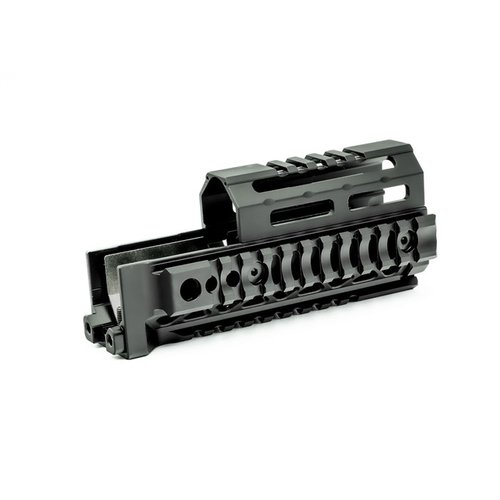 The Midwest Industries AK Alpha Series Quad Rail Handguard offers robust, adjustable design, lightweight aluminum construction, and multiple QD sling points for versatility.