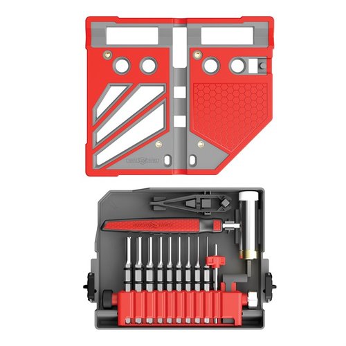 The MASTER BENCH BLOCK PRO KIT features 18 hardened steel punches, an ergonomic hammer, Smart-Block Clamps, and a spacious design for precise pin alignment.