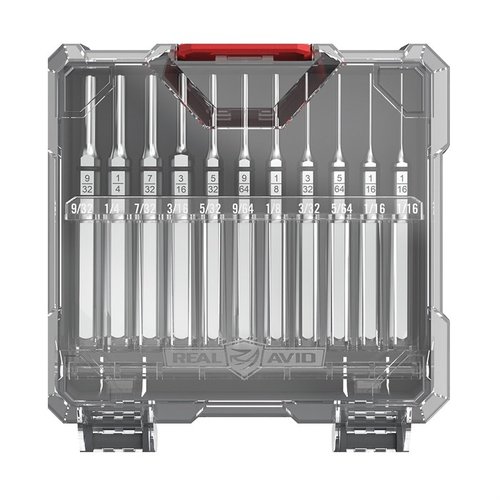 The REAL AVID Accu-Punch Roll Pin Punch Set offers 11 hardened steel punches with nickel plating for corrosion resistance, featuring hex handles and rubber O-rings for precise control.