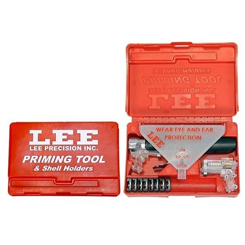 The LEE PRECISION Auto Priming Tool Kit features small/large priming assemblies, a folding tray, and storage for 18 shell holders, accommodating 130+ cartridges.