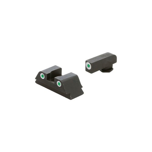 The AMERIGLO Classic Tritium Sight Set for Glock® 42, 43, 43X, 48 offers excellent visibility in all lighting, featuring durable green tritium lamps with white outlines.
