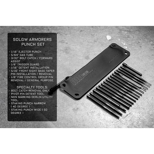 The SOLGW Armorer's Punch Set offers 16 precision QPQ treated punches, including flat tips and roll pin tools, plus essential removal and staking tools for gunsmithing.