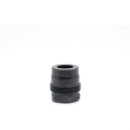 The MINI MUZZLE BRAKE features a durable black nitride finish, is compatible with Atlas systems, and ensures precise alignment for optimal performance.