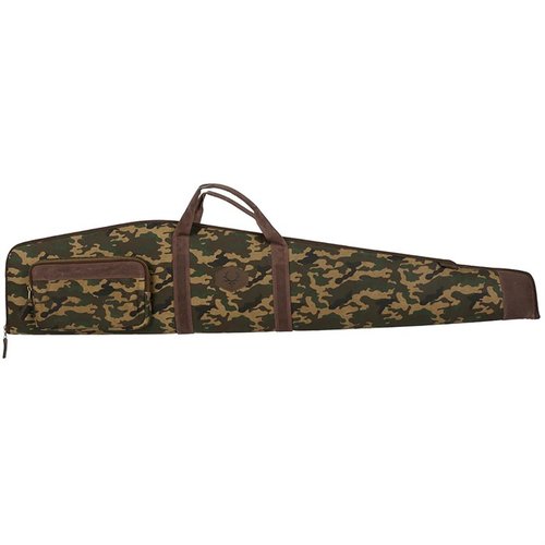 The Rawhide Classic 48" Rifle Case features durable waxed canvas, antique brass zipper, faux wool lining, and thick foam padding for ultimate protection and style.