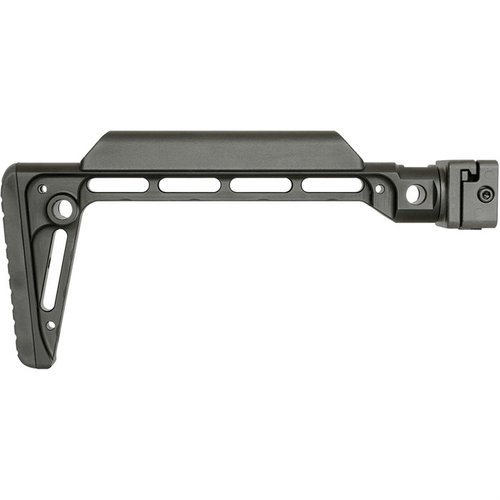 The MIDWEST INDUSTRIES Minimalistic Side Folding Stock features a robust steel mechanism, 5 QD sling attachments, and a comfortable design, enhancing firearm versatility.