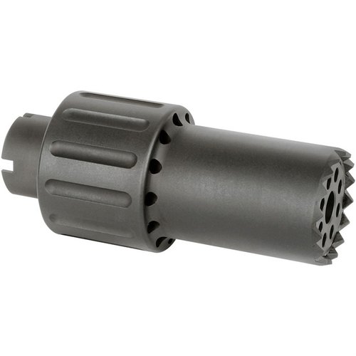 The ALPHA BLAST DIVERTER directs muzzle blast forward, enhancing shooter comfort, made from durable 6061 aluminum with a steel endcap, and weighs only 9.8 oz.