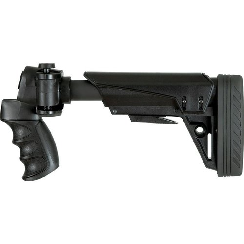 The STRIKEFORCE GEN2 Shotgun Stock features a side-folding design, adjustable positions, recoil reduction, and easy installation for enhanced shooting comfort.