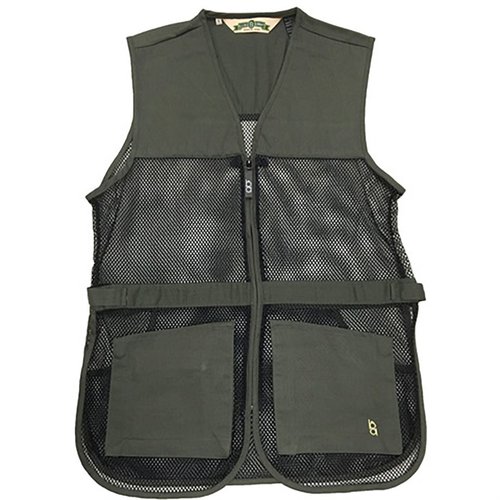 The BOB ALLEN Full Mesh Dual Pad Shooting Vest offers lightweight mesh for ventilation, dual pads for versatility, and ample storage with bellowed pockets and a rear hull pouch.