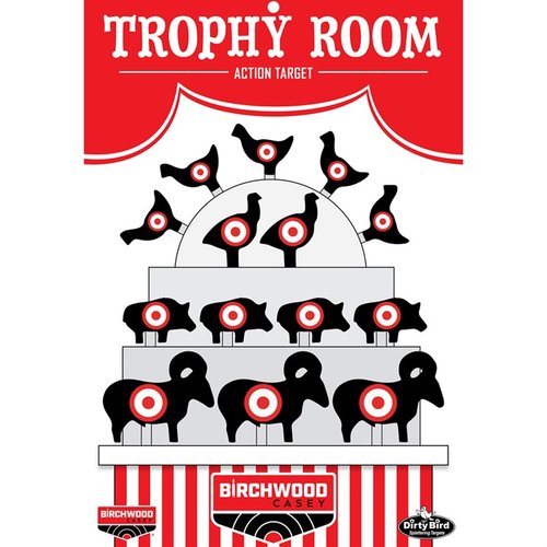 The Birchwood Casey Dirty Bird Trophy Room 12 x 18" Targets 6 Pack features intense splatter for easy shot spotting, ideal for all pistol-action shooting.