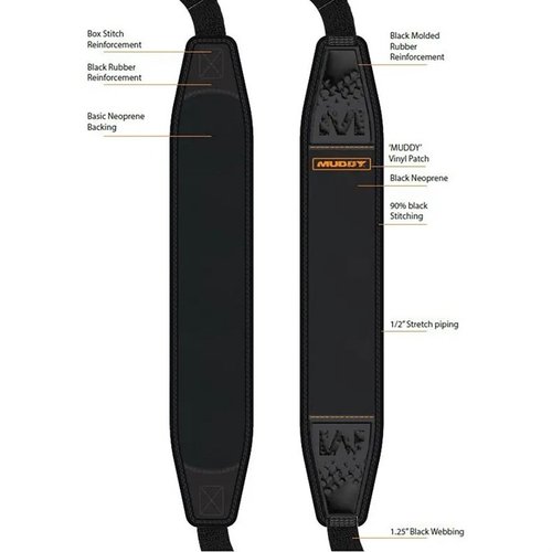 The Muddy Pathfinder Sling features soft neoprene for comfort, anti-slip grip, durable quick-detach swivels, and adjustable length for a secure firearm fit.