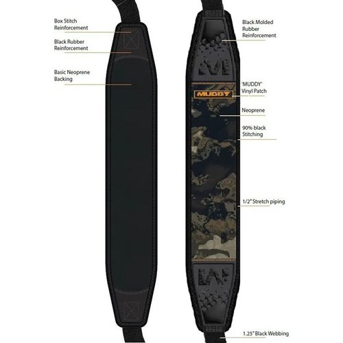 The Muddy Pathfinder Sling offers comfort with flexible neoprene, an anti-slip gripper for stability, and a quick detach mount for easy firearm attachment.