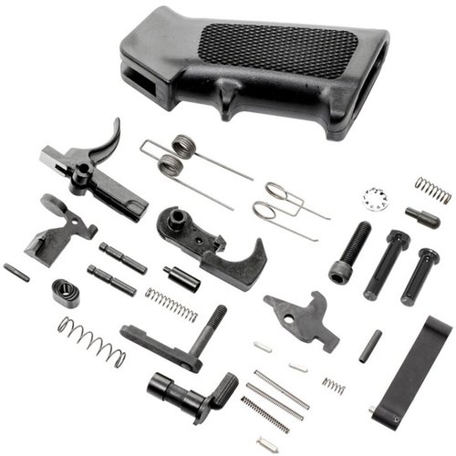 The NEXT LEVEL ARMAMENT MIL-SPEC LOWER PARTS KIT for AR-15 includes all essential components in color-coded packets for easy assembly, perfect for your next build.