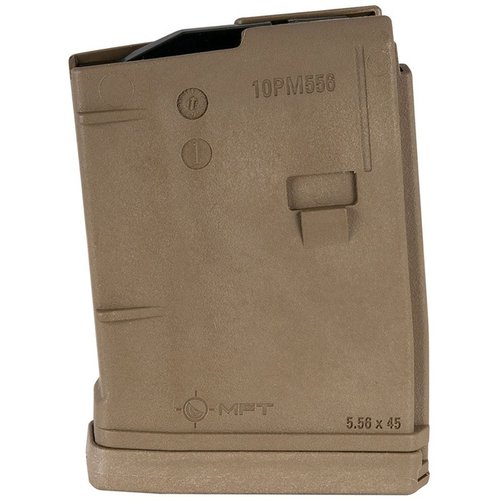 Experience enhanced reliability and durability with MFT's 10-round 5.56 NATO magazine, featuring a flared floor plate, tool-less disassembly, and superior impact strength.