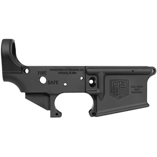 The Diamondback DB15 Multi-Caliber Stripped Lower Receiver features forged 7075-T6 aluminum construction, mil-spec dimensions, and a durable matte black finish.