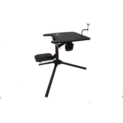 The Birchwood Casey Swivel Action Shooting Bench features a 360-degree swivel seat, comfortable padded top, adjustable gun rest, and two gear pouches for ultimate convenience.