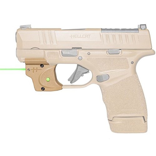 The Viridian E SERIES Green Laser Sight for Springfield Hellcat offers easy installation, ambidextrous activation, and a powerful laser for rapid target acquisition.