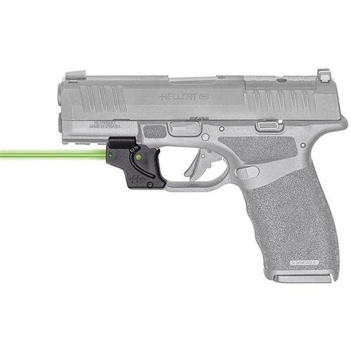 The Viridian E SERIES Green Laser Sight for Springfield Hellcat Pro offers easy trigger guard installation, ambidextrous controls, and impressive range up to 2 miles at night.