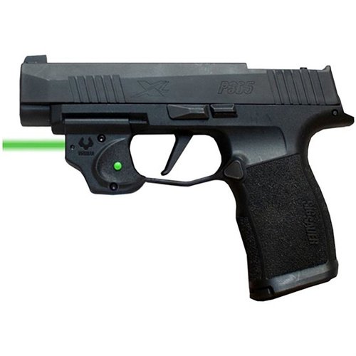 The Viridian E SERIES Green Laser Sight for Sig Sauer P365 offers easy trigger guard installation, ambidextrous activation, and up to 100 yards range in daylight.