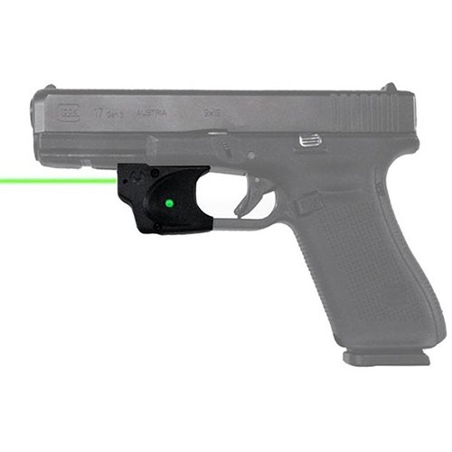 The Viridian E Series Green Laser Sight offers easy installation, ambidextrous activation, 100 yard daytime range, and 6+ hours battery life for Glock pistols.
