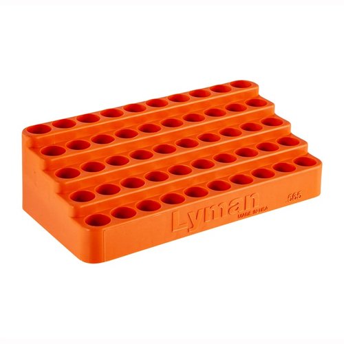 The Lyman Bleacher Loading Block holds 50 .308 Win. cases, featuring an inclined design for easy retrieval, made from durable polymer for efficient reloading.