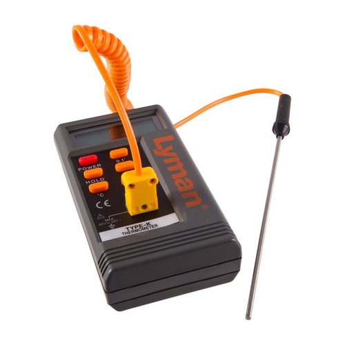 Ensure top-quality lead bullets with the Lyman Digital Lead Thermometer, featuring a 6-inch probe, dual temperature measurement, and a hold button for precise tracking.