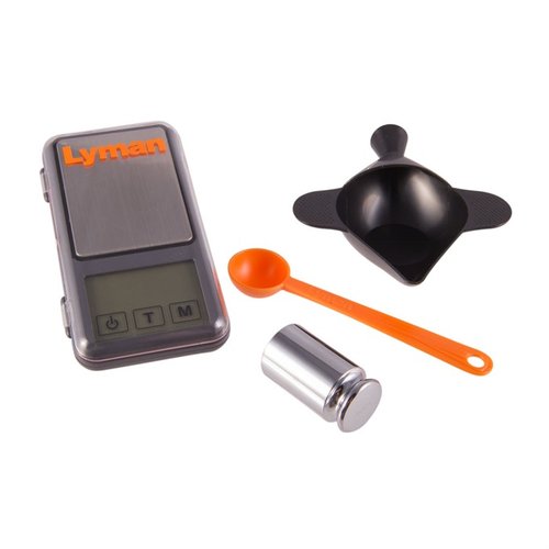 The Lyman Pocket Touch Digital Scale Set offers precision in a compact size, complete with a funnel pan, calibration weight, and measures up to 1500 grains.