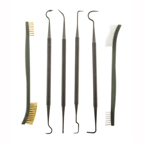 The Lyman Pick and Brush Set features non-marring Polymer picks in various shapes, plus a nylon brush, ensuring thorough cleaning without damaging your firearms.