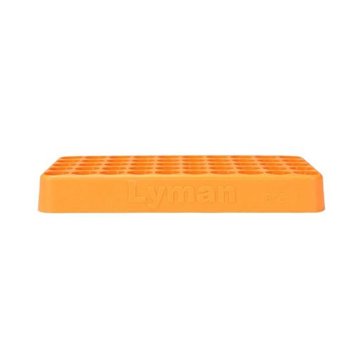 The Lyman Custom-Fit Loading Block holds 50 rounds, is made from durable polymer, and fits various calibers from .338 to .615, perfect for reloading enthusiasts.