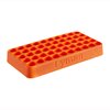 The Lyman Custom-Fit Loading Block holds 50 rounds, is made from heavy-duty polymer, and is available in sizes from .338 to .615 caliber for versatile reloading.