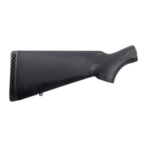 The MOSSBERG Synthetic Buttstock in Black with Pad offers enhanced comfort and stability, ensuring a secure grip for improved accuracy and control during shooting.