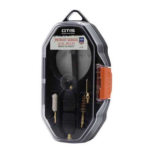 The OTIS PATRIOT Series Rifle Kit offers Breech-to-Muzzle® cleaning for 30 caliber firearms, featuring a versatile T-handle tool and 4 bits for effective maintenance.