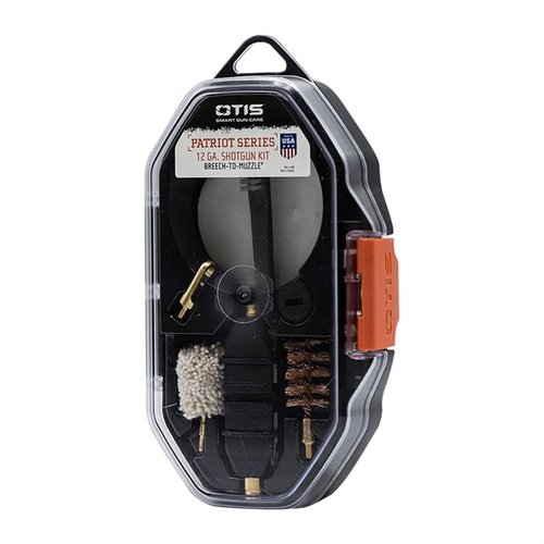 The OTIS 12GA PATRIOT Series Shotgun Kit provides essential Breech-to-Muzzle® cleaning tools, featuring a dual-purpose T-handle and driver for versatile maintenance.