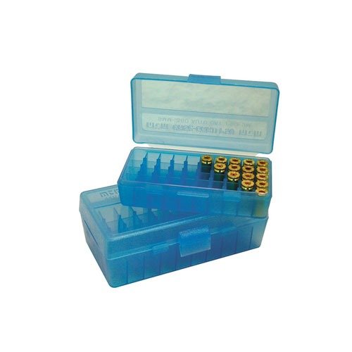 The MTM Case-Gard Flip Top Pistol Ammo Box securely holds 50 rounds of 40S&W or 45ACP ammo, offering easy access and durable protection for your cartridges.