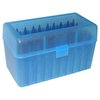 The MTM Case-Gard Flip Top Ammo Box holds 50 rounds securely with a flip-top lid, fits multiple calibers, and features a Snap-Loc latch for easy access.