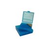 The MTM Case-Gard Flip Top Pistol Ammo Box holds 100 rounds of .38 SPL/.357 Magnum, featuring a secure flip-top lid for easy access and durable blue construction.