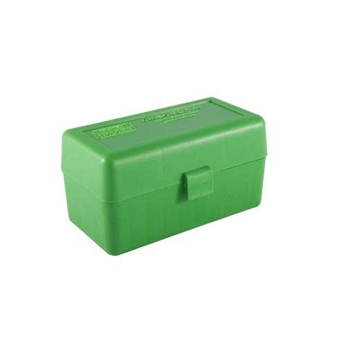 Store up to 50 rounds securely with the MTM Flip Top Rifle Ammo Box featuring a Snap-Loc latch, ideal for various calibers including 220 Swift and 338 Federal.