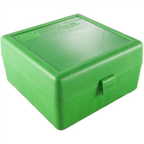 The MTM Case-Gard Flip Top Rifle Ammo Box holds 100 rounds, ideal for 308 family cartridges, offering secure storage and easy access in a durable green design.