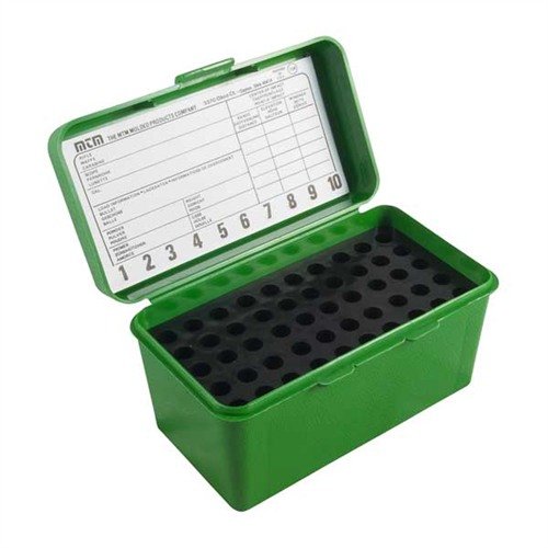 The MTM 50 Rd Ammo Box is perfect for the 223 family, offering durable storage for various calibers while ensuring easy transport with its handle.
