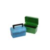 The MTM 50 Rd Ammo Box in Clear Blue is perfect for 22-250 to 308 Win cartridges, offering durable storage and easy transport for your ammunition.