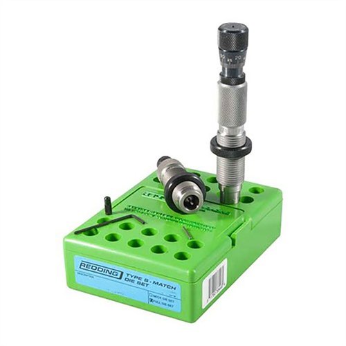 The Redding Type S Match Bushing Full Die Set offers precise full-length resizing, adjustable neck tension, and a micrometer seating die for ultimate accuracy.