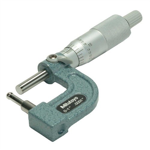 The Mitutoyo 0-1" Ball Style Micrometer features a cylindrical anvil for precise measurements, ideal for gunsmithing and ensuring accuracy in firearm parts.