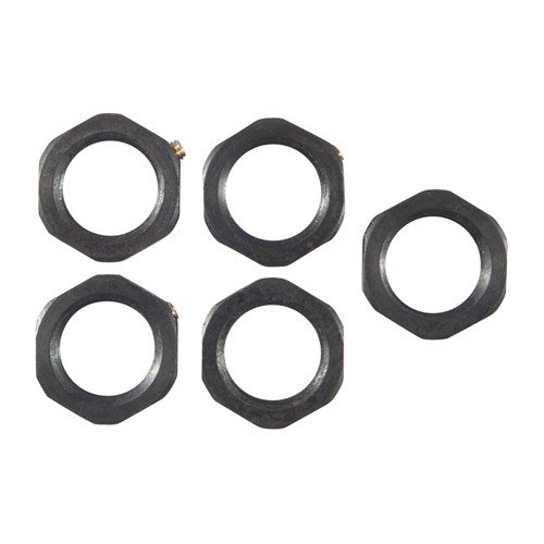 The RCBS Die Lock Rings 5-Pack ensures secure and precise adjustments for 7⁄8"-14 dies, featuring durable steel construction and reliable cross bolt designs.