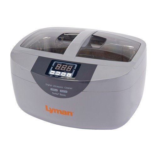Lyman's Turbo Sonic 2500 cleans cases and gun parts in just 10 minutes with ultrasonic vibrations and heated solution, featuring a 2.5L tank and 5 timed cycles.